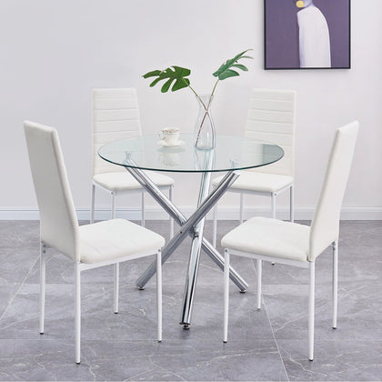 4x White Faux Leather Dining Chairs Round Tempered Glass Silver Leg Dining Table