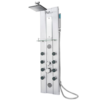 Aluminium shower tower panel with hand shower & massage jets rain column wall