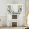 High Gloss Corner Dressing Table LED Lights 3 Mirrors Drawers Makeup Desk Stool
