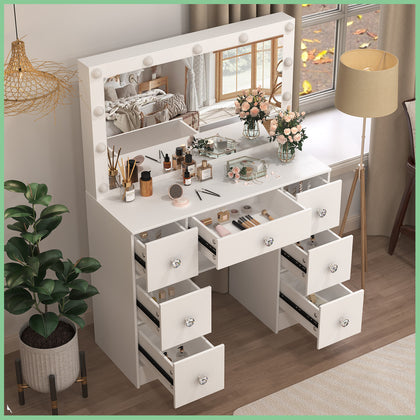 Large Makeup Desk with LED Lights Mirror 7 Drawers and 3 Light Colors White