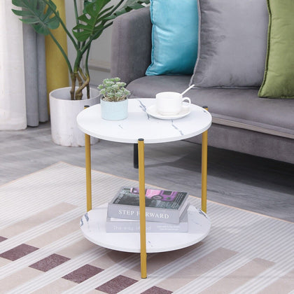 Marble Effect 2-Tier End Table Sofa Side Tables for Living Room Bedside Table