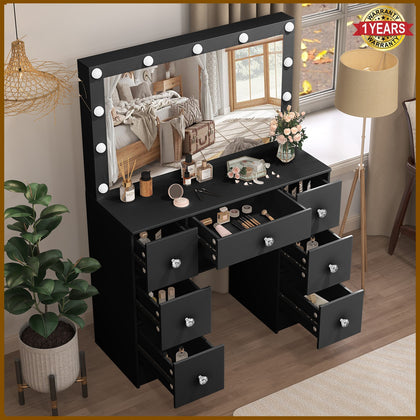 Large LED Light Mirror Dressing Table Set with 7 Drawers Vanity Make up Desk