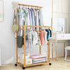 Bamboo Clothes Rail Double Hanging Garment Rack Storage Shelf W/ Wheels