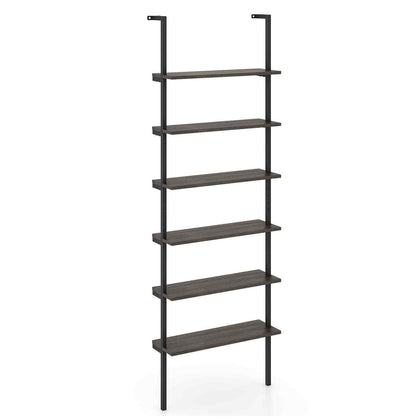6-Tier Ladder Shelf Wall Mounted Bookshelf with Metal Frame-Oak