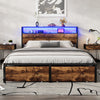 Double Metal Bed Frame with LED, Charging Station, Storage Headboard and Drawers
