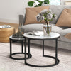 Nesting Coffee Table Set of 2, Marble-Effect Glass Round Side Tables, White