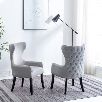 1PC Grey Dining Chairs Armchair High Back Velvet Upholstered With Wood Legs