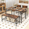 4Pcs Kitchen Dining Set Metal Frame Industrial Table Chairs Bench Set Brown