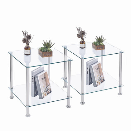 2pcs Square Clear Tempered Glass Side End Table Bedside Table w/ Storage Shelf
