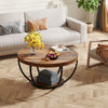 2-Tier Round Coffee Table with Storage Shelves, Industrial Wooden Center Table