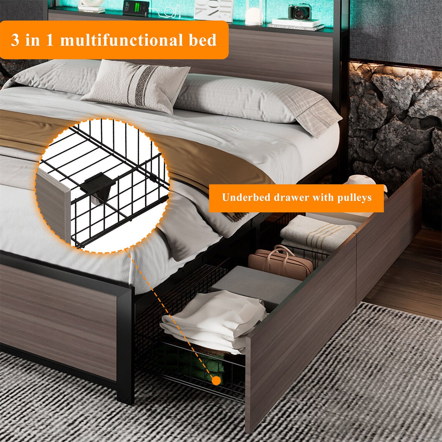 Double Bed Frame with LED Lights, 4 Drawers, Charging Station Metal Platform Bed
