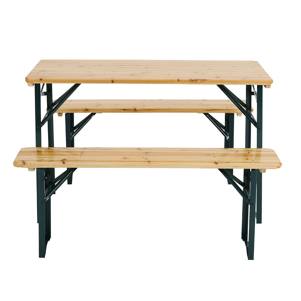 3pcs Garden Folding Table Chair Set Beer Table Wooden Bench Trestle Dining Seat
