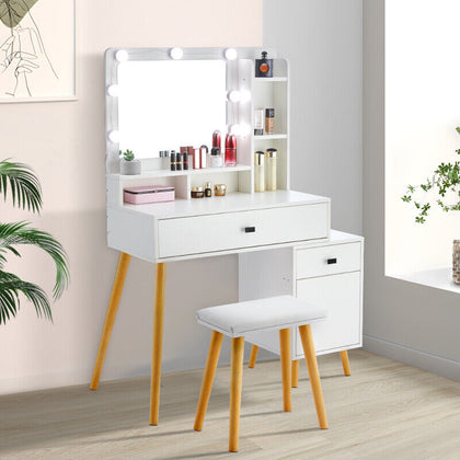 Mirrored Dressing Table With LED Bulbs Makeup Desk Vanity Set Cabinet Removable