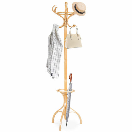 12 Hooks Wooden Coat Stand Coat/Hat/Jacket/Umbrella Standing Rack Hanger-Beige
