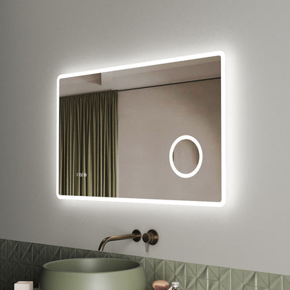 Large LED Bathroom Mirror with Shaver Socket Demister Magnifying Clock 1000x600