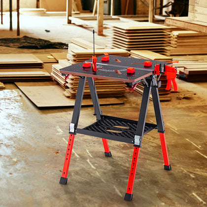 2-in-1 Folding Work Table & Sawhorse w/ Extra Tool Shelf Red