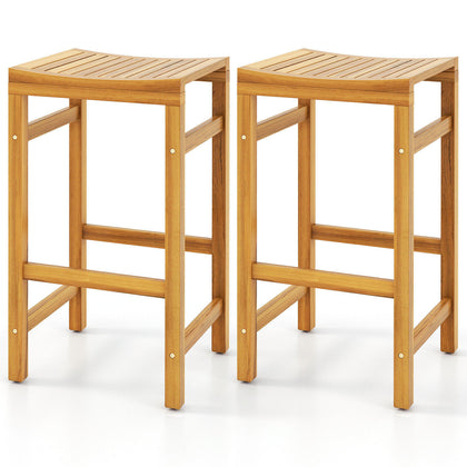 Bar Stool Set of 2 Acacia Wood Garden Chairs Saddle Shaped Kitchen Dining Stools