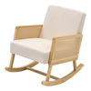 Wooden Rocking Chair Rattan Armrest Linen Fabric Cushion Thick Seat Relax Sofa