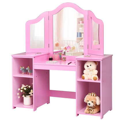 2 In 1 Kids Vanity Table Children Dressing Table Set w/ Mirror & Storage Shelves