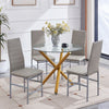 Round Clear Glass Dining Table Golden Legs & 4x Grey Faux Leather Dining Chairs