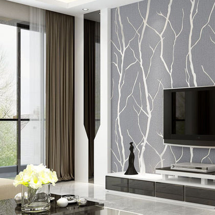 Modern Flocking 3D Embossed Wallpaper Grey Silver Tree Branches Wall Paper Decor