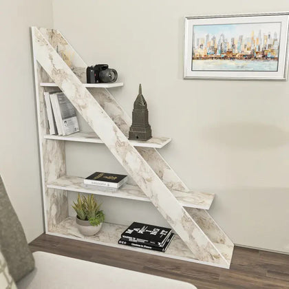 4-Tier Marble Effect Corner Shelf – Modern Geometric Ladder Bookcase