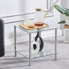 Square Clear Tempered Glass Sofa Side End Table Bedside Table with Storage Shelf