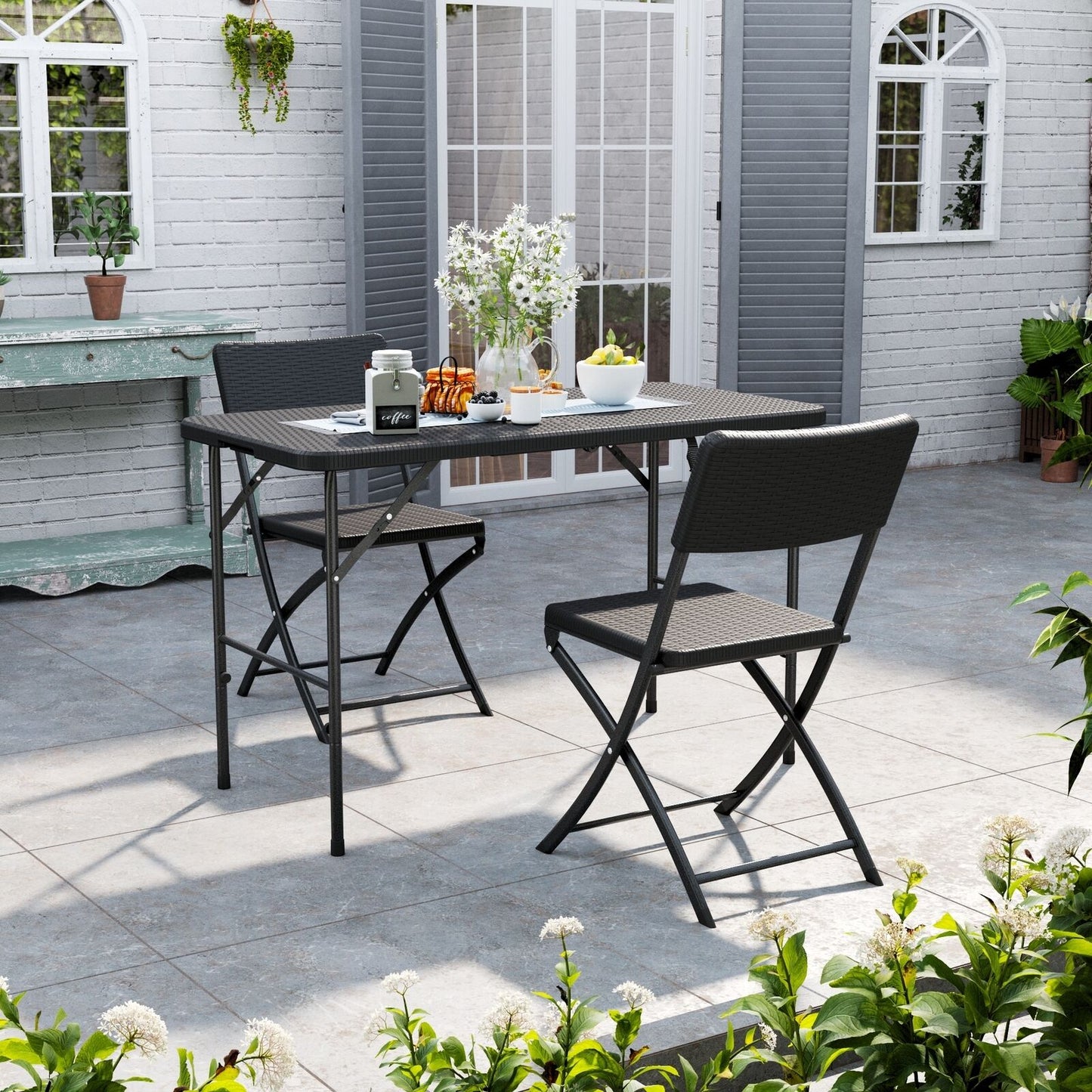 Rattan Garden Dining Table and Chairs Set Folding Camping BBQ Picnic Table Bench