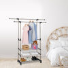 Extendable Mobile Clothes Garment Two Hanging Rails Stand with 3-Tier Shoes Rack