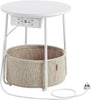 White Bedside Table with Basket & Cubby End Side Table w/ Charging Station