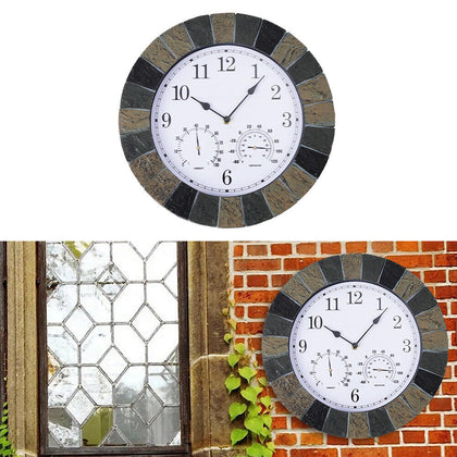 Large Slate Effect Garden Wall Clock Thermometer Hygrometer Indoor Outdoor Home