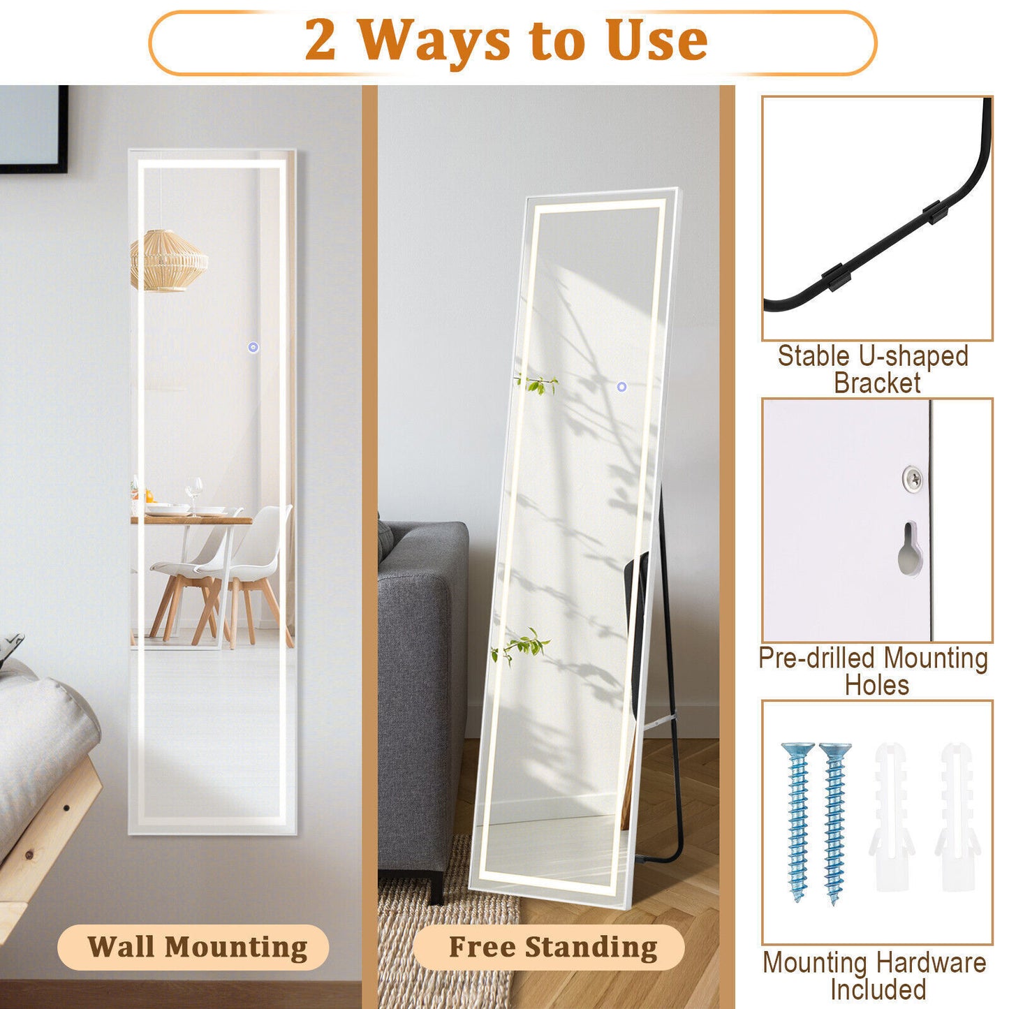 Full Length Mirror Bedroom LED Lighted Full Body Mirror with Lights and Stand