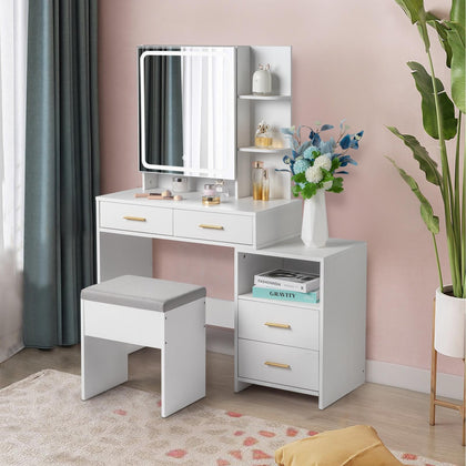 4 Drawers White Dressing Table Set Makeup Desk with Mirror Stool Shelf Storage