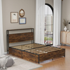 Bed Frame Double Storage Headboard 4 Drawer Platform Metal Wood Rustic Brown
