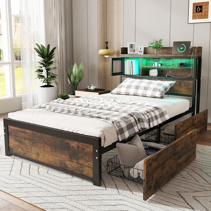 3ft Single Metal Bed Frame w/ LED, Charging Station, Storage Headboard & Drawers