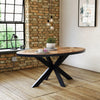 Oval Solid Mango Wood Dining Table, Herringbone Design, Black Iron Spider Base