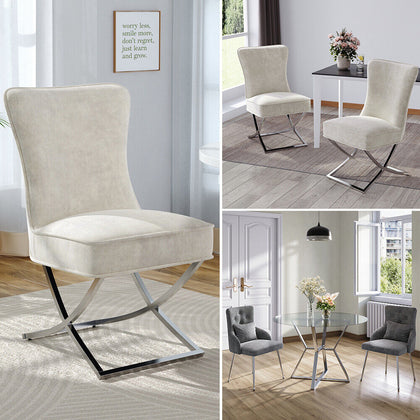 2x Beige/Grey Padded Kitchen Dining Chair Velvet Upholstered Seat Home Office UK