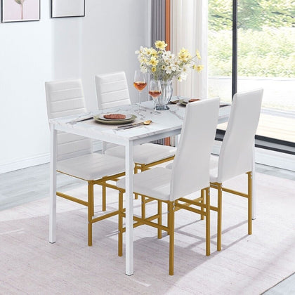 4pcs White Faux Leather Dining Chairs & White Marble MDF Top Dining Table Set