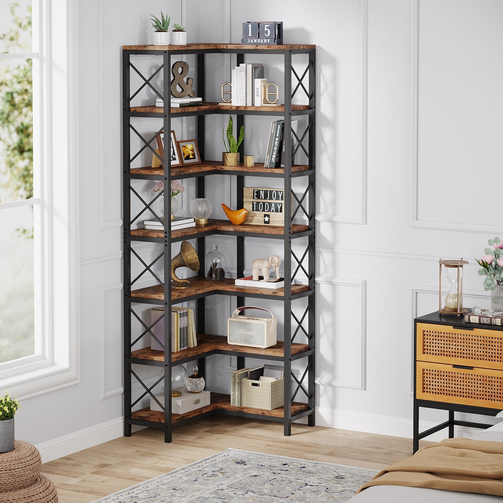 Large Corner Cookcase 7-Tier Large Modern Corner Bookcase, Tall Corner Shelf Storage Display ...