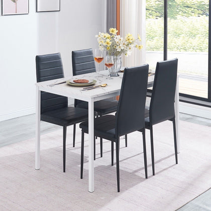 4x Black High Back Faux Leather Dining Chairs&White Marble MDF Top Dining Table