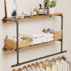 Industrial Pipe Clothes Rail Wall Mounted Garment Rack with 2Tier Shelves