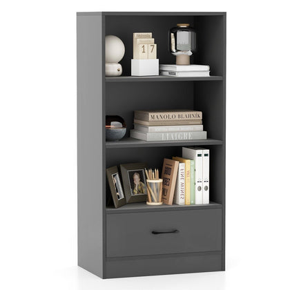 4 -tier Wooden Bookcase Storage Rack Open Display Shelf w/ 1 Drawer Grey