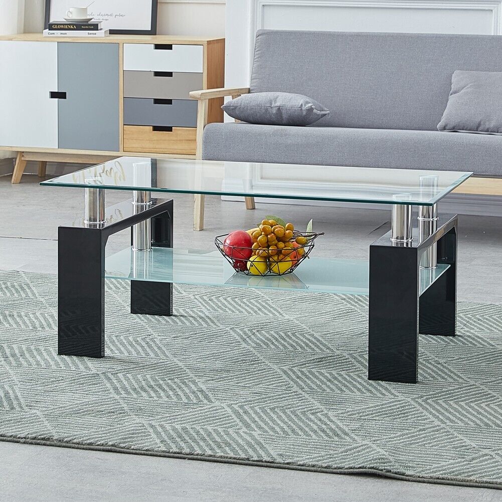 Modern Black Glass Coffee Table MDF Shelf Storage Living Room Rectangular