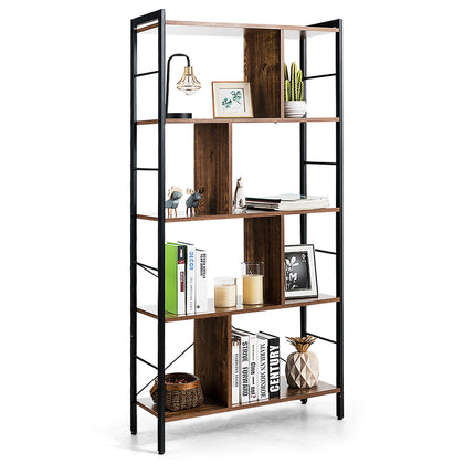 5-Tier Bookshelf Industrial Style Bookcase Free Standing Storage Display Shelves