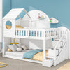 Cabin House Bunk Bed Solid Pine Wood Kids High Sleeper with Storage Stairs White