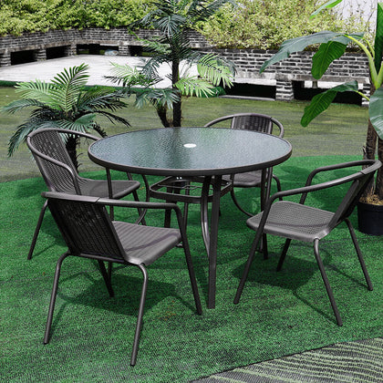 5pcs Garden Bistro Furniture Set Tempered Glass Parasol Table with Rattan Chairs