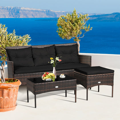 3 PCS Patio Conversation Set w/Tempered Glass Coffee Table-Black