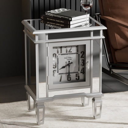 Luxury Silver Side Table w Clock Mirrored Glass Nightstand Furniture Living Room
