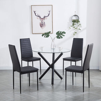 4x Black Faux Leather Dining Chairs Round Tempered Glass Black Legs Dining Table