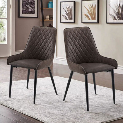 2x Brown Dining Chairs Faux Leather High Back Diamond Design Chairs Modern